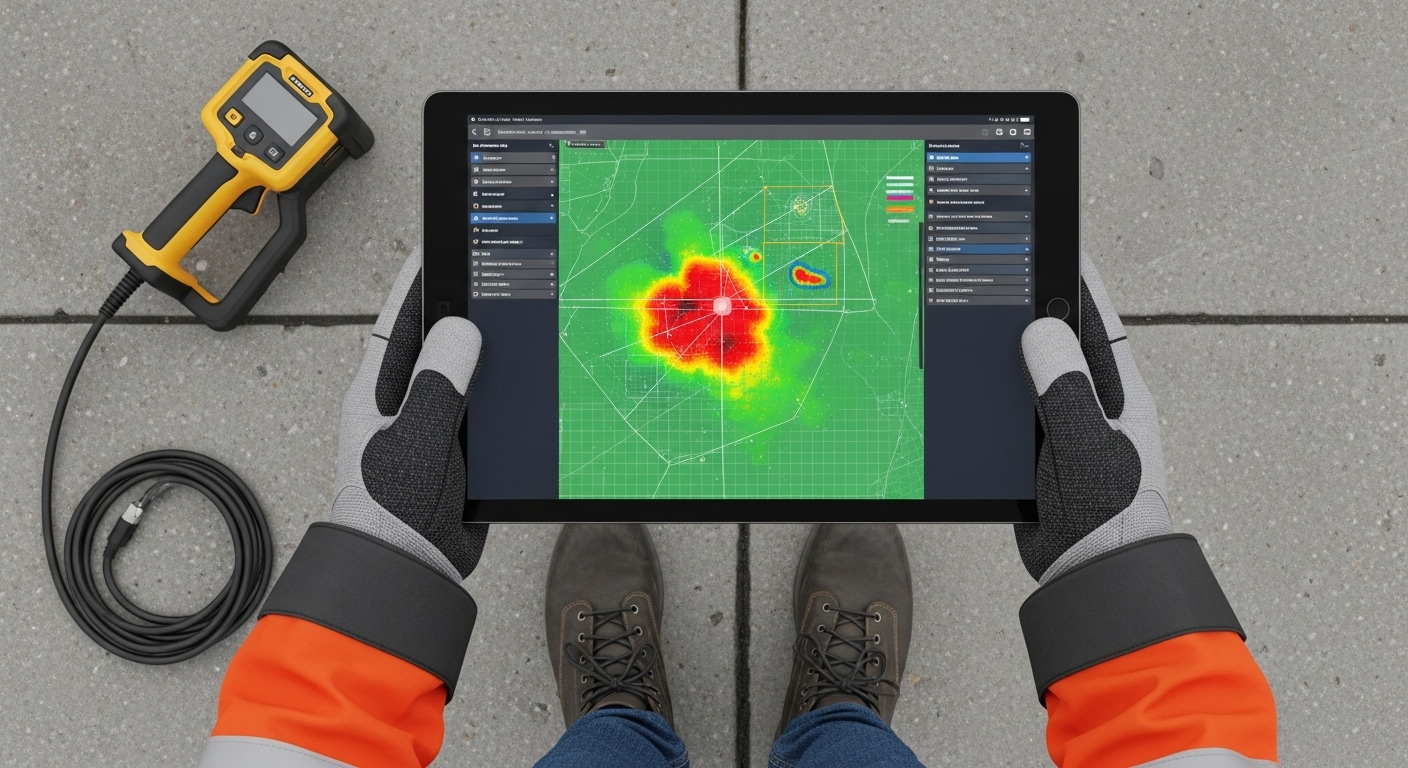 携帯型スキャナーでインフラ分析を行う技術者